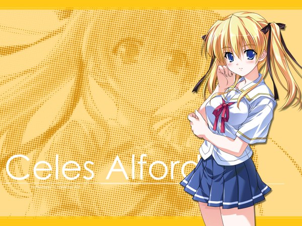 Anime picture 1600x1200 with natsumegu celes alford tsukasa yuuki single long hair looking at viewer blush fringe blue eyes blonde hair hair between eyes twintails pleated skirt wallpaper character names yellow background girl skirt ribbon (ribbons) hair ribbon