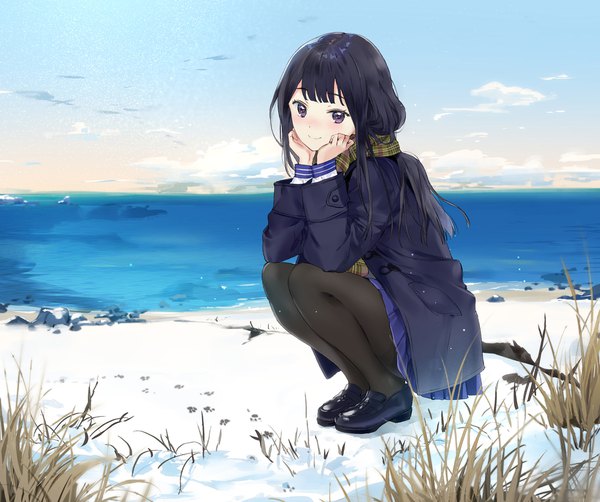 Anime picture 1800x1508 with original macciatto (aciel02) single long hair looking at viewer blush highres black hair smile purple eyes sky cloud (clouds) full body winter snow squat horizon chin rest footprints girl