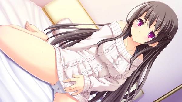Anime picture 1280x720 with melty moment ichijou aoi single long hair looking at viewer blush light erotic black hair wide image purple eyes game cg girl underwear panties white panties bed sweater