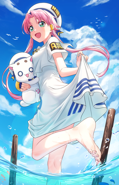 Anime picture 816x1262 with aria mizunashi akari aria pokoteng kurageso single tall image looking at viewer short hair open mouth pink hair sky cloud (clouds) :d barefoot aqua eyes from below partially submerged girl dress uniform