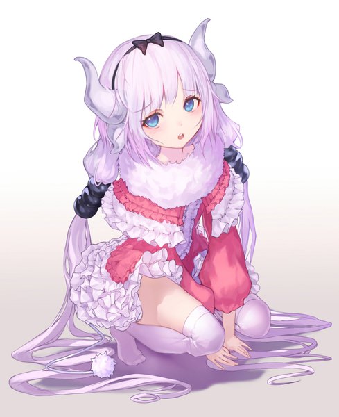 Anime picture 816x1000 with kobayashi-san chi no maidragon kyoto animation kanna kamui jname single tall image looking at viewer blush fringe open mouth blue eyes simple background twintails payot purple hair full body bent knee (knees) very long hair head tilt horn (horns)