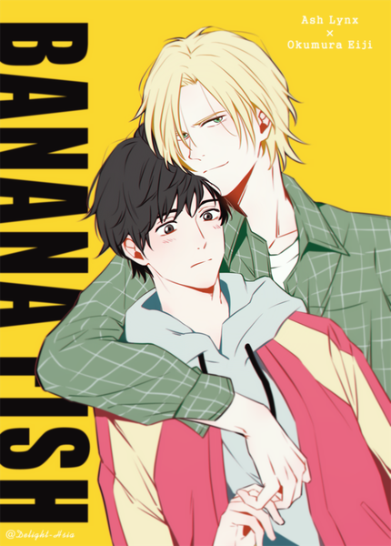 イラスト 700x976 と banana fish mappa アッシュ・リンクス 奥村英二 阿灰大叔 長身像 カメラ目線 赤面 前髪 短い髪 黒髪 simple background 金髪 茶目 緑の目 signed looking away upper body light smile inscription