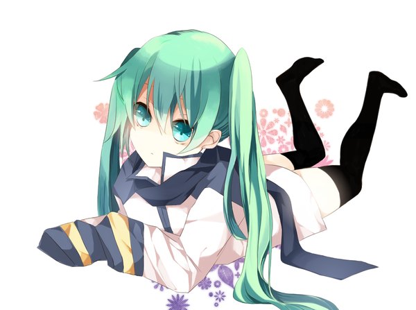 Anime picture 1200x894 with vocaloid hatsune miku toaru single simple background white background twintails lying very long hair long sleeves aqua eyes aqua hair girl thighhighs black thighhighs scarf