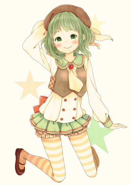 Anime picture 707x1000 with vocaloid gumi mizutamako single tall image looking at viewer blush short hair simple background smile white background green eyes green hair kneeling girl pantyhose star (symbol) beret striped pantyhose