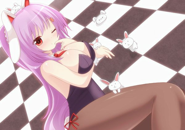 Anime picture 1505x1058 with touhou reisen udongein inaba chimunge single long hair breasts light erotic red eyes bare shoulders purple hair one eye closed wink bunny ears bunny girl checkered floor girl hair ornament necktie hairclip bunnysuit