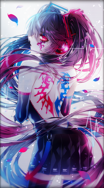 Anime picture 1048x1899 with vocaloid hatsune miku 1055 single tall image looking at viewer fringe hair between eyes red eyes twintails bare shoulders payot blue hair red hair very long hair parted lips profile pleated skirt looking back multicolored hair
