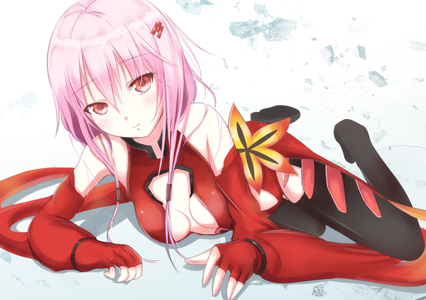 Anime picture 1417x1000 with guilty crown production i.g yuzuriha inori kirimoti34 single long hair looking at viewer blush breasts light erotic red eyes twintails pink hair reclining girl hair ornament detached sleeves hairclip bodysuit