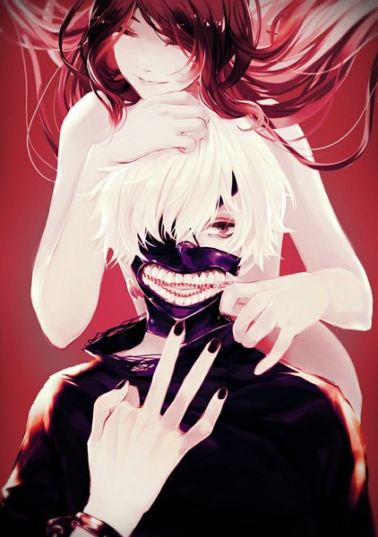 Anime picture 703x1000 with tokyo ghoul studio pierrot kaneki ken kamishiro rize e (a92157) long hair tall image looking at viewer fringe short hair light erotic simple background smile bare shoulders white hair red hair eyes closed nail polish pink eyes fingernails