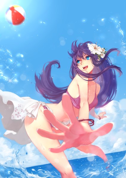 Anime picture 3507x4960 with original sola7764 single long hair tall image highres open mouth blue eyes looking away absurdres sky purple hair cloud (clouds) hair flower girl hair ornament flower (flowers) swimsuit bikini bracelet