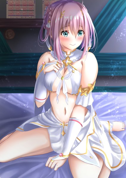 Anime picture 2892x4093 with princess connect! re:dive princess connect! yui (princess connect!) yamaguhui single tall image blush fringe highres short hair breasts blue eyes light erotic smile hair between eyes large breasts sitting bare shoulders payot looking away