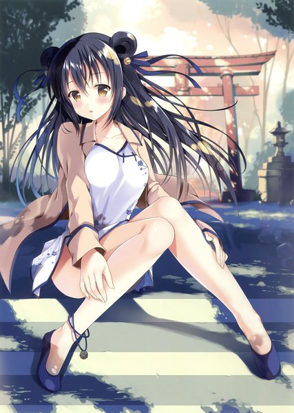 Anime picture 2494x3500 with original sousouman single long hair tall image looking at viewer blush highres black hair sitting brown eyes full body outdoors traditional clothes wind scan hair bun (hair buns) chinese clothes hair bell girl