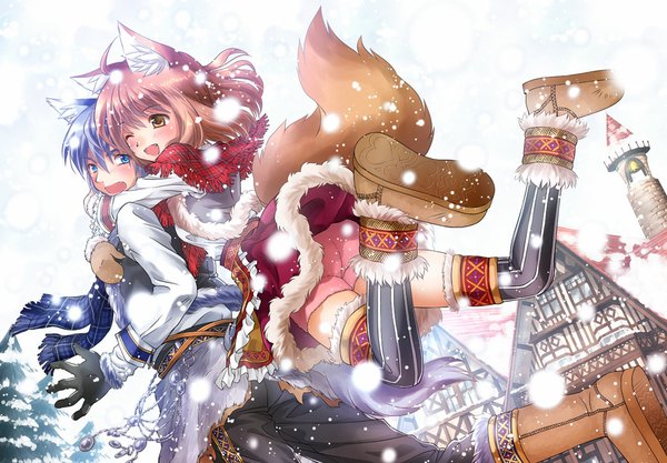 Anime picture 1000x695 with original akisaki rio blush short hair open mouth brown hair brown eyes animal ears blue hair tail animal tail one eye closed wink couple hug snowing winter soles jumping falling