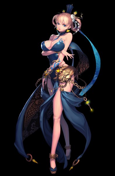 Anime picture 788x1200 with original morry single long hair tall image looking at viewer fringe breasts blue eyes light erotic simple background blonde hair large breasts standing bare shoulders cleavage alternate costume legs black background girl