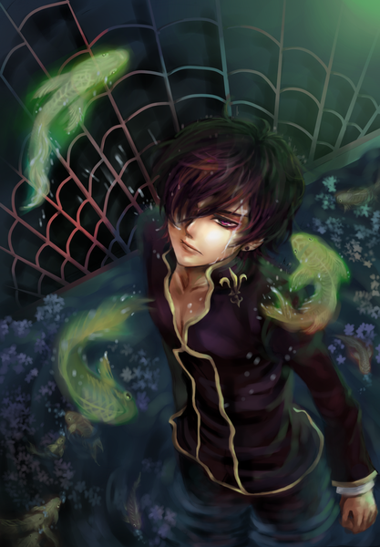 Anime picture 1720x2473 with code geass sunrise (studio) lelouch lamperouge tall image highres short hair purple eyes purple hair lips looking up boy flower (flowers) earrings water fish (fishes)