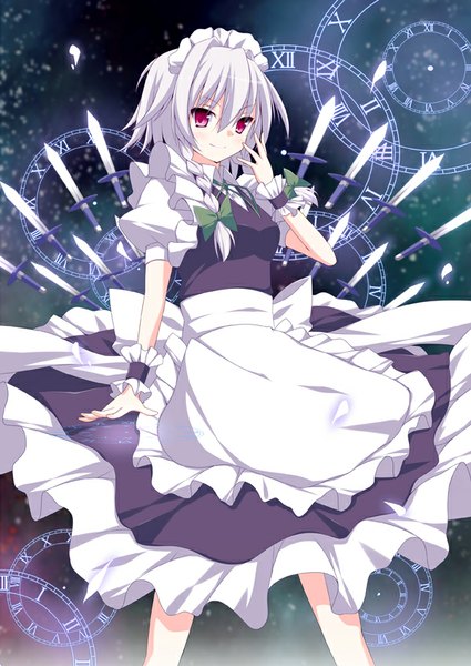 Anime picture 600x847 with touhou izayoi sakuya kurono yuzuko single tall image looking at viewer fringe short hair smile silver hair braid (braids) pink eyes maid twin braids girl uniform bow hair bow headdress maid headdress