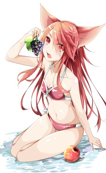 Anime picture 737x1200 with original tazaki hayato single long hair tall image looking at viewer blush fringe open mouth simple background red eyes white background sitting holding animal ears red hair fingernails bare legs bare belly long fingernails