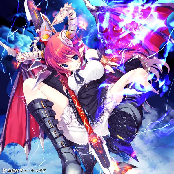 Anime picture 1500x1500 with original yamacchi single long hair blue eyes light erotic cloud (clouds) red hair horn (horns) demon girl flying :p demon wings lightning girl weapon detached sleeves wings boots frills