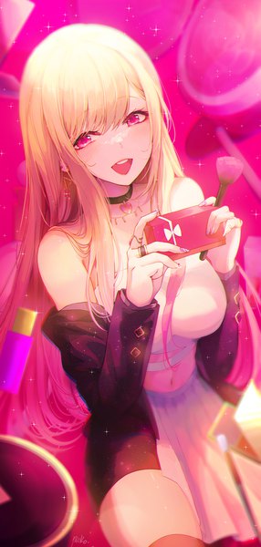 Anime picture 833x1749 with sono bisque doll wa koi wo suru cloverworks kitagawa marin pistachiocream single long hair tall image looking at viewer open mouth blonde hair smile holding long sleeves nail polish :d pink eyes sparkle girl navel earrings