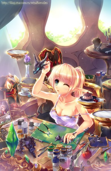 Anime picture 855x1310 with world of warcraft blizzard entertainment blood elf windforcelan single long hair tall image blush breasts light erotic blonde hair green eyes ponytail one eye closed wink pointy ears elf girl