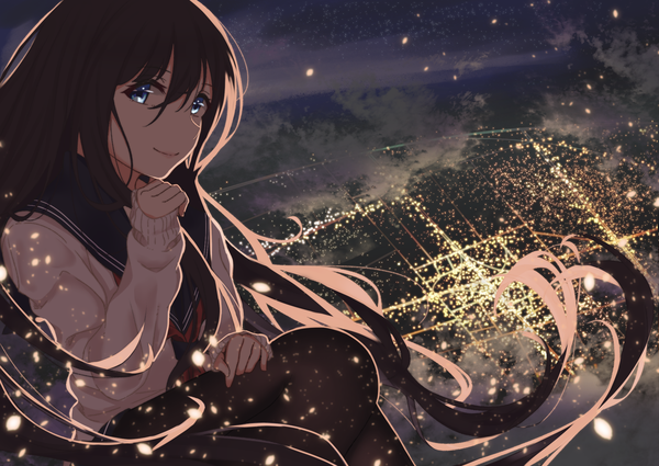 Anime picture 2039x1447 with original saitou (lynx-shrike) single looking at viewer fringe highres blue eyes hair between eyes brown hair sitting cloud (clouds) bent knee (knees) outdoors very long hair light smile from above wind blurry night arm support