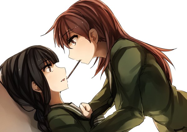 Anime picture 1754x1240 with kantai collection kitakami light cruiser ooi light cruiser kyouya (mukuro238) long hair highres open mouth black hair simple background brown hair white background multiple girls brown eyes profile black eyes shoujo ai eating face to face pocky kiss girl