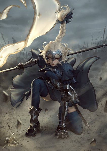 Anime picture 848x1200 with fate (series) fate/grand order fate/apocrypha jeanne d'arc (fate) (all) jeanne d'arc (fate) raikoart long hair tall image looking at viewer fringe breasts blue eyes blonde hair hair between eyes holding signed sky cloud (clouds) outdoors braid (braids)