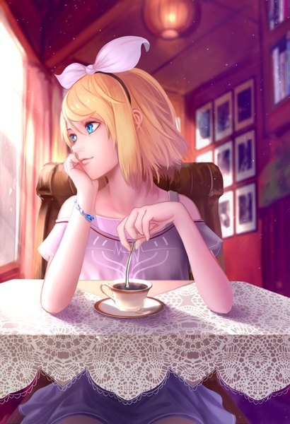 Anime picture 1200x1753 with vocaloid kagamine rin wei ji single tall image short hair blue eyes blonde hair sitting looking away girl bow hair bow bracelet window hairband chair table cup