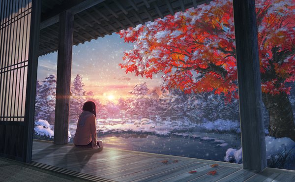 イラスト 1294x800 と オリジナル なつ ソロ 長髪 wide image 座る 影 back snowing winter 雪 scenic morning sunrise 女の子 制服 植物 学生服 木 葉