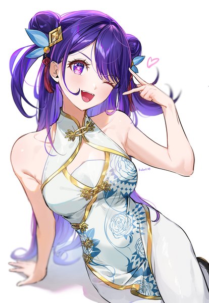 Anime picture 2480x3597 with oshi no ko hoshino ai (oshi no ko) kkopoli single long hair tall image highres open mouth simple background white background purple eyes purple hair traditional clothes one eye closed arm support hair bun (hair buns) two side up sleeveless symbol-shaped pupils victory
