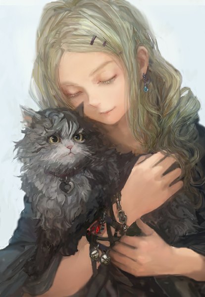 Anime picture 656x950 with original misshu long hair tall image blonde hair smile looking away silver hair eyes closed hug close-up girl hair ornament animal bracelet hairclip cat collar