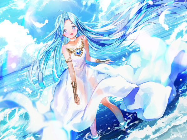 Anime picture 2224x1668 with granblue fantasy lyria (granblue fantasy) haruri single looking at viewer blush highres breasts open mouth smile bare shoulders sky cloud (clouds) ahoge outdoors very long hair :d aqua eyes wind aqua hair
