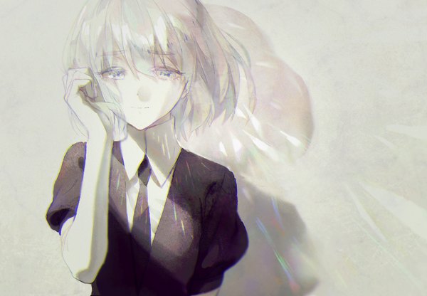 Anime picture 1684x1170 with houseki no kuni diamond (houseki no kuni) tentsuu (tentwo) single fringe short hair blue eyes simple background hair between eyes silver hair upper body shadow puffy sleeves adjusting hair androgynous gloves necktie elbow gloves white gloves