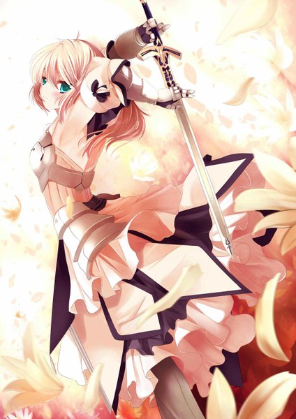 Anime picture 1060x1500 with fate (series) fate/zero type-moon artoria pendragon (all) saber saber lily xephonia single long hair tall image blush blonde hair looking back aqua eyes sunlight girl gloves flower (flowers) weapon petals