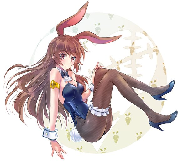 Anime picture 1491x1280 with rwby rooster teeth velvet scarlatina iesupa single long hair looking at viewer breasts light erotic simple background brown hair white background bare shoulders brown eyes animal ears full body tail animal tail high heels bunny ears