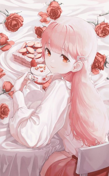 Anime picture 1247x2000 with original worl a single long hair tall image looking at viewer blush fringe smile sitting holding pink hair blunt bangs long sleeves from above orange eyes turning head girl flower (flowers) food