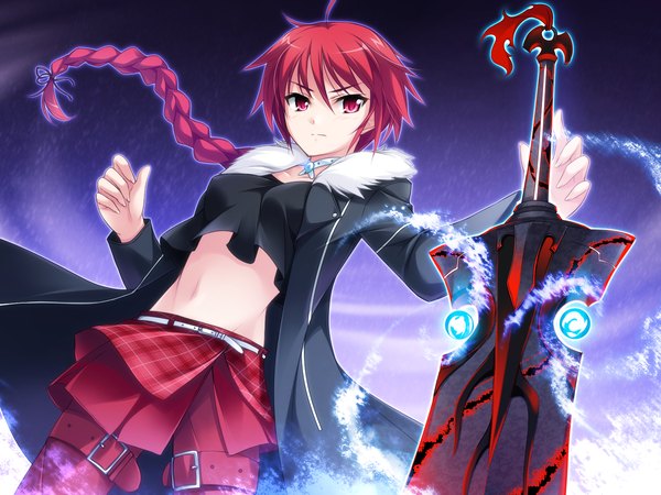 Anime picture 1600x1200 with lovekami red eyes game cg red hair girl sword