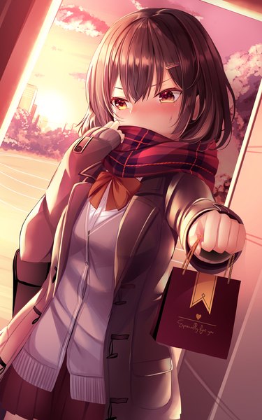 Anime picture 2500x4000 with original haruka natsuki single tall image blush fringe highres short hair hair between eyes brown hair standing holding yellow eyes looking away sky pleated skirt open clothes dutch angle evening sleeves past wrists