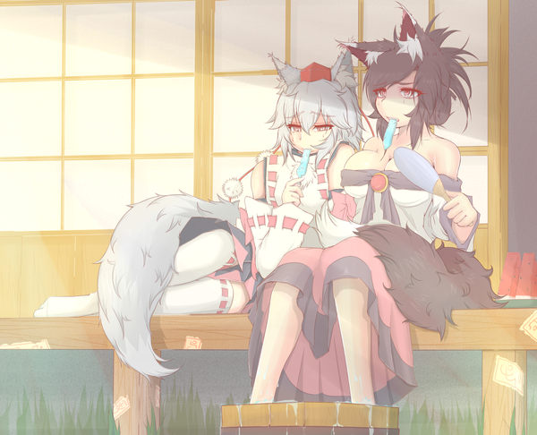 Anime picture 1490x1207 with touhou inubashiri momiji imaizumi kagerou cube85 long hair short hair breasts light erotic black hair red eyes large breasts sitting bare shoulders multiple girls animal ears cleavage silver hair tail animal tail sweat