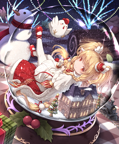 Anime picture 1275x1550 with granblue fantasy mahira (granblue fantasy) khell single long hair tall image looking at viewer blonde hair smile red eyes full body pointy ears sparkle christmas harvin girl animal pantyhose food sweets