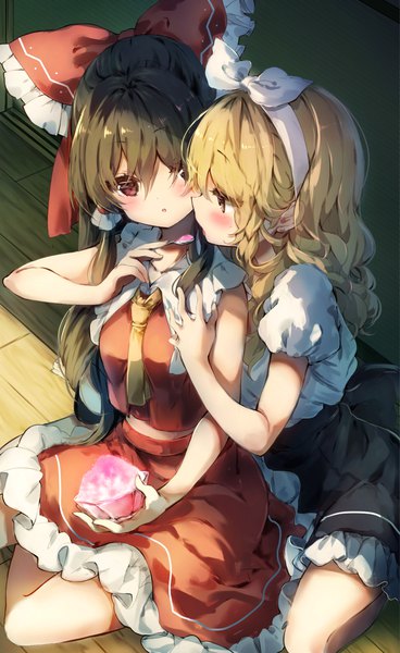 Anime picture 720x1174 with touhou hakurei reimu kirisame marisa piyokichi long hair tall image fringe blonde hair hair between eyes brown hair sitting multiple girls brown eyes looking away from above :o wavy hair eating feeding girl