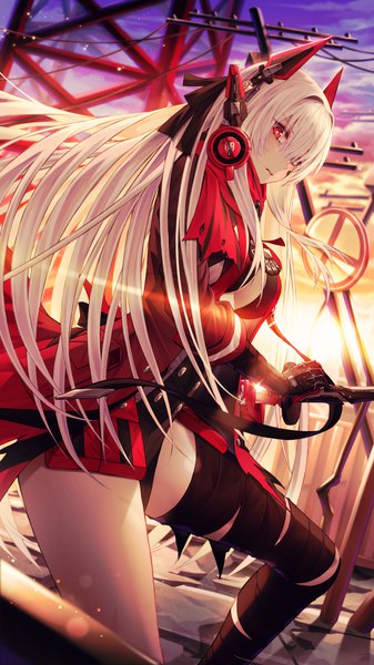 Anime picture 4320x7680 with punishing: gray raven alpha (punishing: gray raven) lucia: crimson abyss (punishing: gray raven) cecil86 single long hair tall image looking at viewer fringe highres breasts hair between eyes red eyes standing absurdres sky outdoors white hair sunlight evening