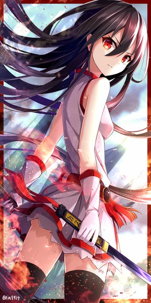 Anime picture 850x1702 with akame ga kill! white fox akame (akame ga kill!) rin yuu single long hair tall image looking at viewer black hair red eyes bare shoulders signed looking back light smile from below serious >:) girl thighhighs gloves