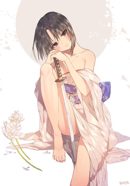 Anime picture 700x1000 with kara no kyoukai type-moon ryougi shiki sorolp single tall image looking at viewer blush fringe short hair breasts light erotic black hair sitting bare shoulders brown eyes signed bent knee (knees) long sleeves traditional clothes