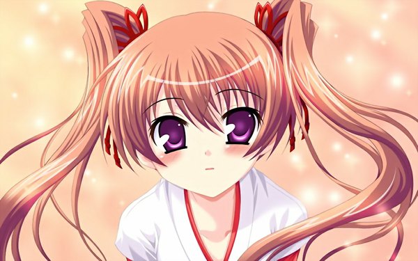 Anime picture 1024x640 with doinaka channel 5 kouyama misuzu long hair blush brown hair wide image purple eyes twintails game cg loli girl