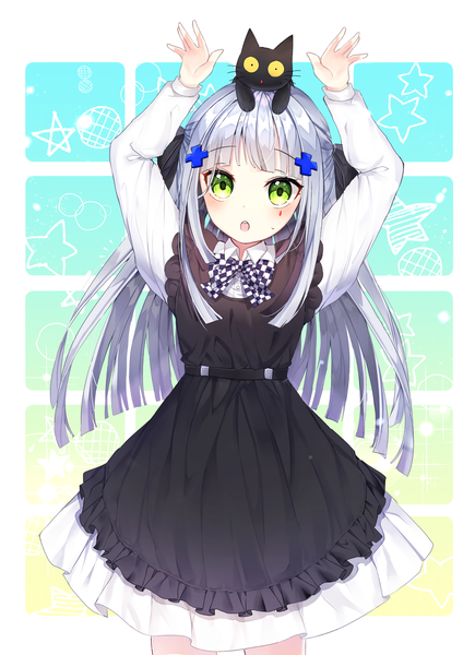 Anime picture 2575x3549 with girls frontline hk416 (girls frontline) hk416 (black kitty's gift) (girls frontline) seno (senohime) single long hair tall image looking at viewer blush fringe highres breasts open mouth standing green eyes payot silver hair blunt bangs arms up official alternate costume