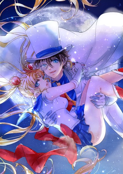 Anime picture 2480x3507 with bishoujo senshi sailor moon magic kaito toei animation tsukino usagi sailor moon kaito kid tsuna2727 tall image looking at viewer highres short hair open mouth blue eyes light erotic blonde hair brown hair twintails holding bent knee (knees) very long hair