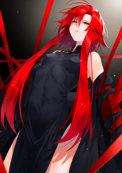 Anime-Bild 900x1273 mit original waka (shark waka) single long hair tall image fringe breasts open mouth light erotic simple background hair between eyes standing bare shoulders yellow eyes looking away ahoge red hair from below dutch angle dark background