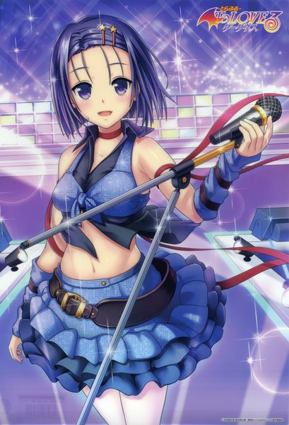 Anime picture 2694x3952 with toloveru toloveru darkness xebec sairenji haruna single tall image looking at viewer blush highres short hair open mouth purple eyes blue hair scan official art girl skirt microphone microphone stand