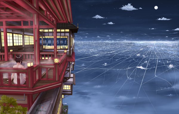 Anime picture 1500x964 with original pei (sumurai) short hair brown hair sitting sky from behind night night sky city cityscape steam architecture east asian architecture girl plant (plants) moon full moon towel onsen