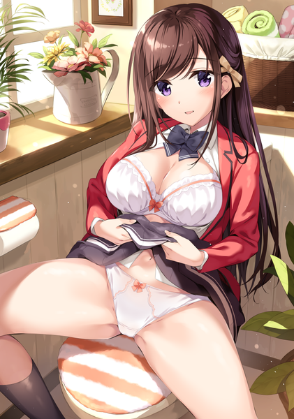 Anime picture 802x1142 with original oryou single long hair tall image looking at viewer blush fringe breasts open mouth light erotic brown hair large breasts sitting purple eyes payot cleavage indoors long sleeves head tilt